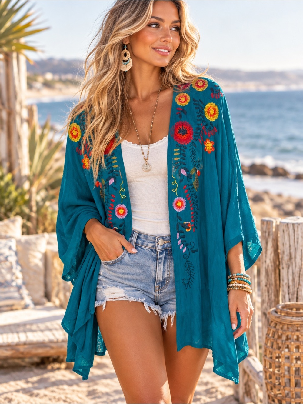 Umgee Teal Embroidered Open-Front Women's kimono size S/M